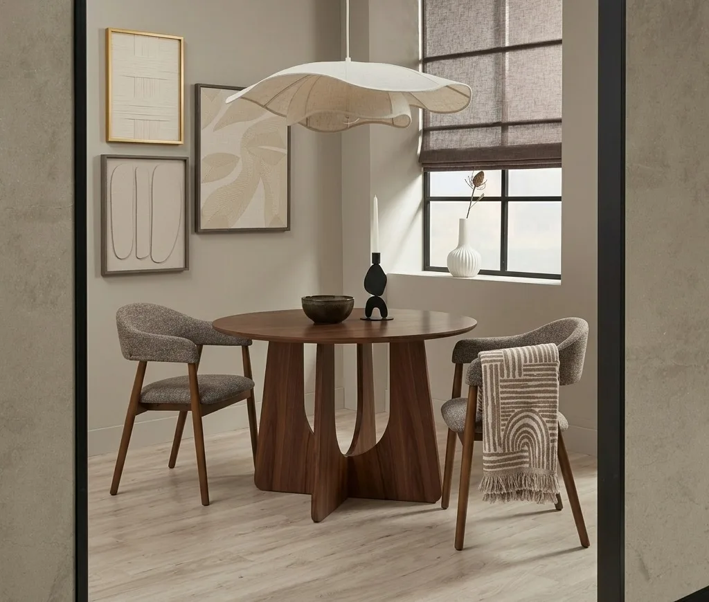 Japandi setting met walnootkleurige eettafel, organische hanglamp linnenlook en rustige decoratie