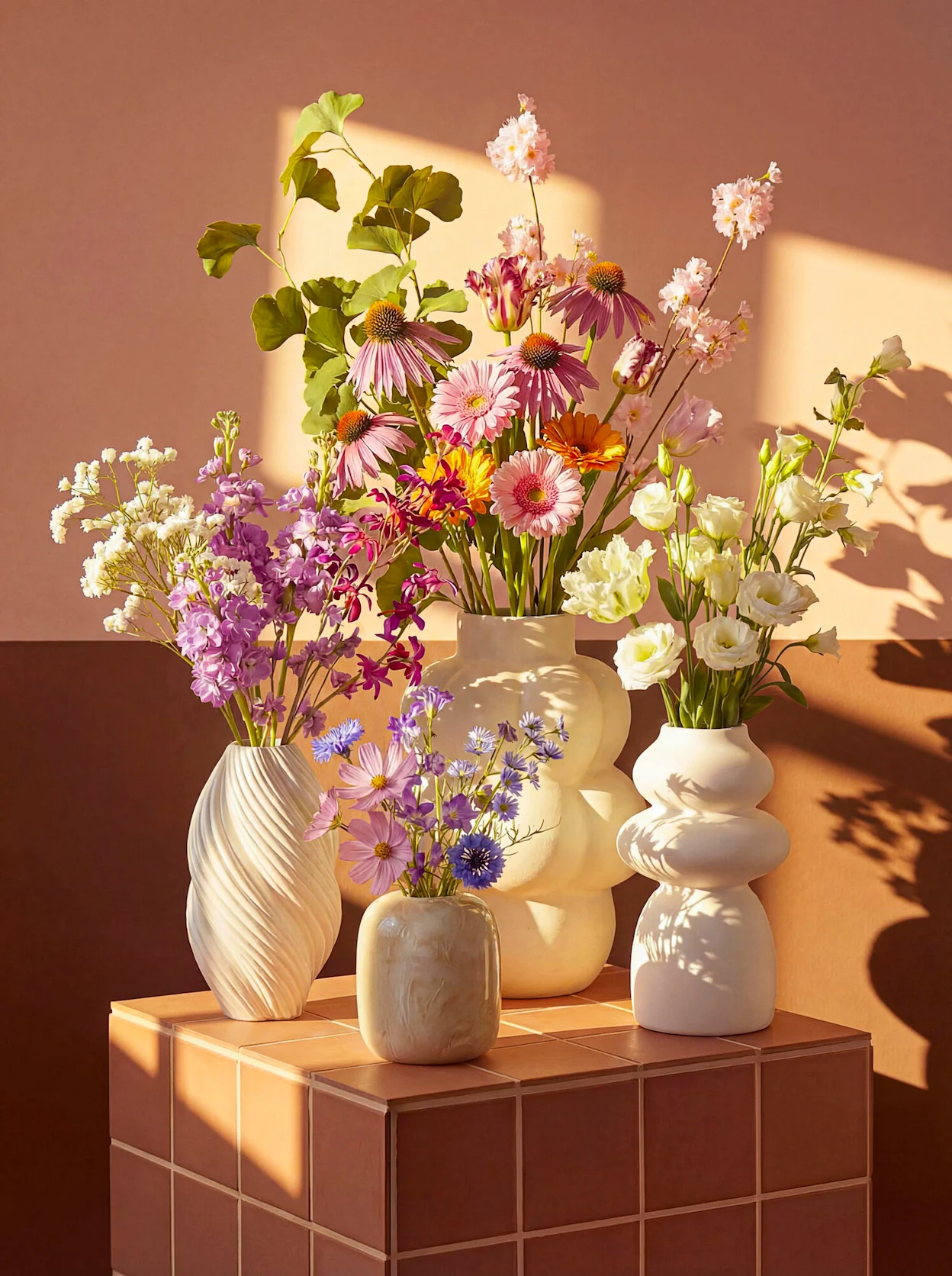 Prachtige kunstbloemen in verschillende soorten vazen