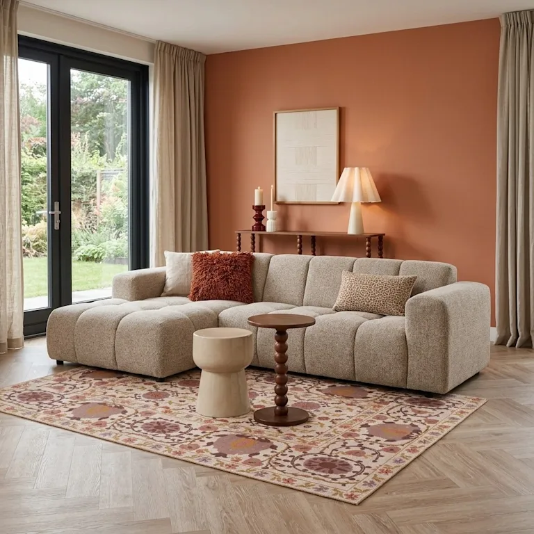Taupe hoekbank met accessoires