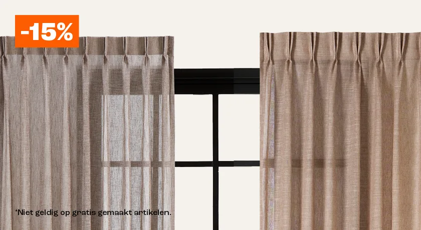 15% korting op gordijnen, vitrages en inbetweens vanaf 15,-