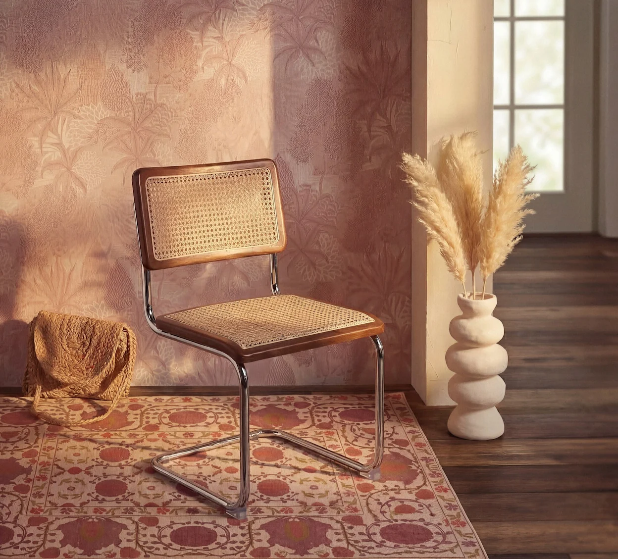 Rotan stoel op een vloerkleed met boho print en met een vaas met kunsttakken ernaast