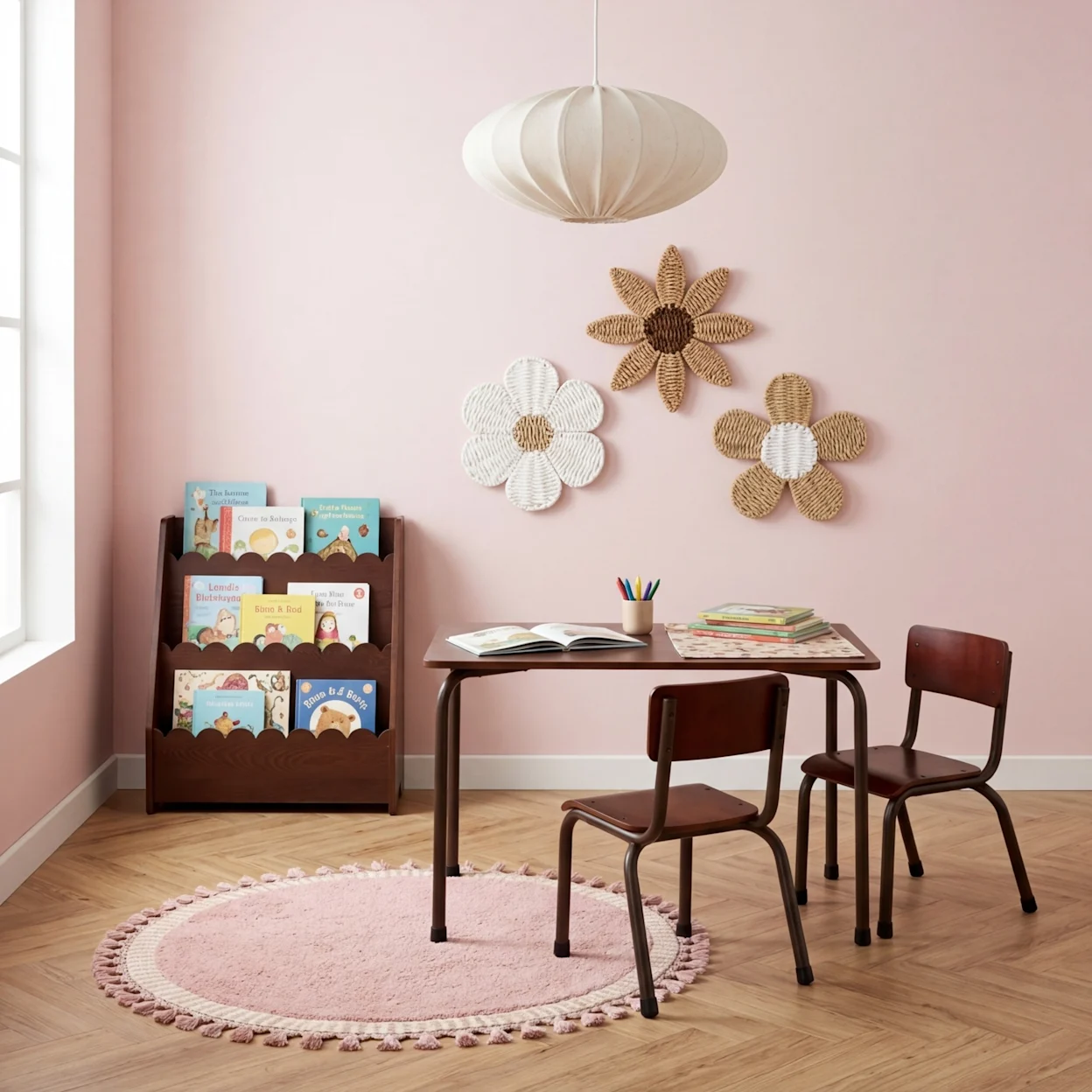 Kindermeubelserie Spello: houten kindertafel en stoeltjes in donkerbruine kleur