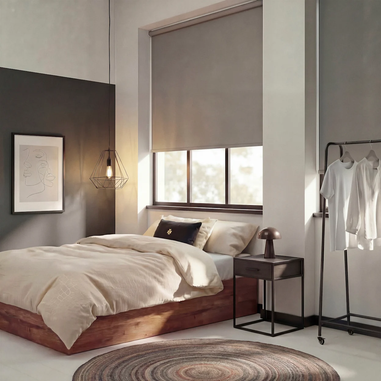 Industriële slaapkamer met stoere materialen en kleuren