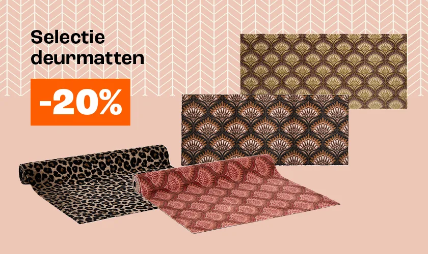 Actiebanner met tekst 20% korting op een selectie deurmatten
