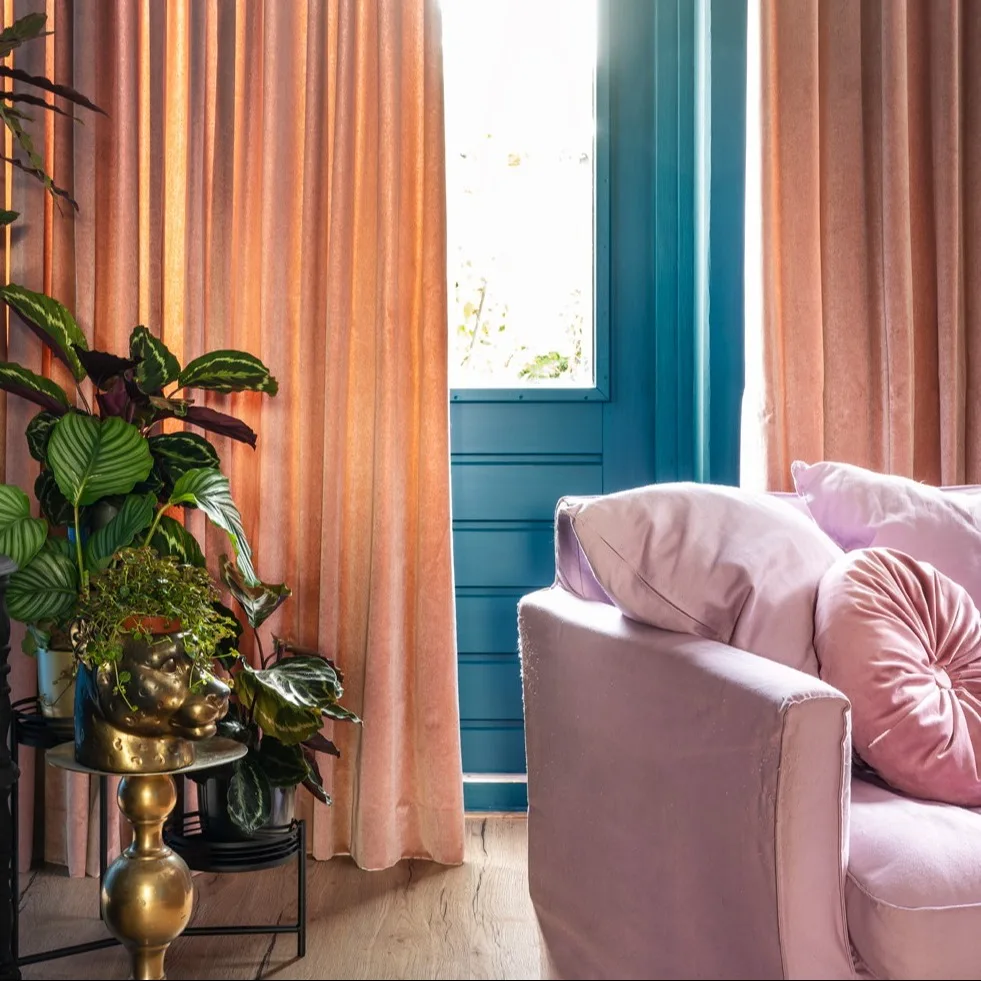 Groene velours gordijnen, plant, bank