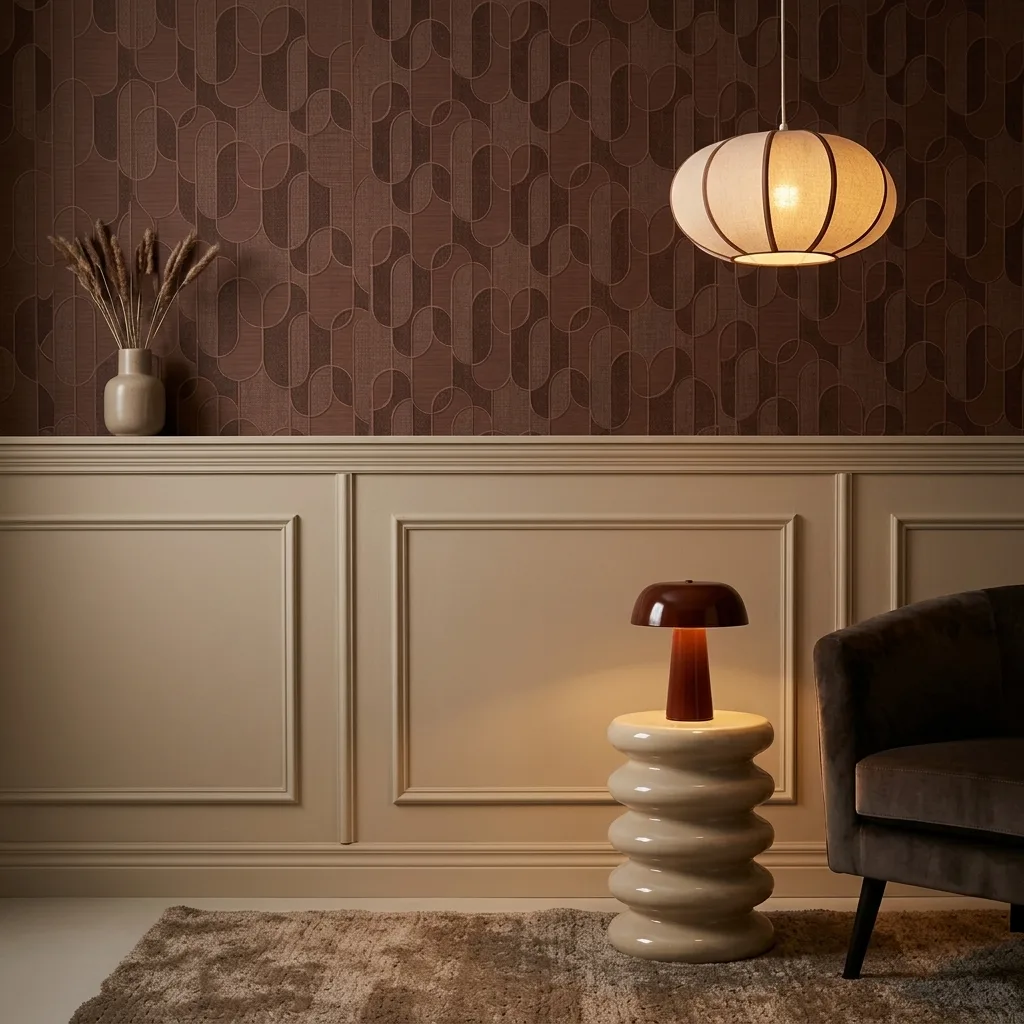 Sfeervolle setting van een beige lambrisering kleur verf met bordeauxrode behangprint daarboven