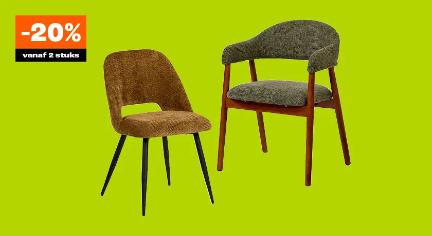 Selectie eetkamerstoelen 20% korting vanaf 2 stuks