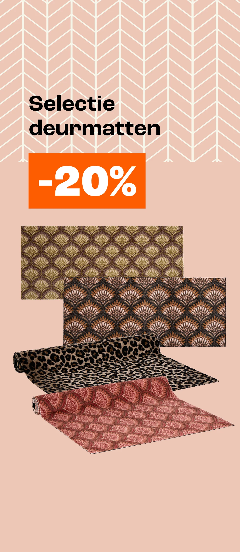Actiebanner met tekst 20% korting op een selectie deurmatten