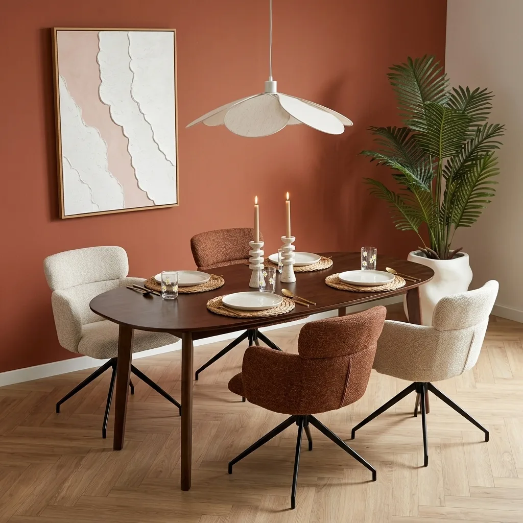 Eethoek setting met warme meubels in donkere tinten en rijke stoffen