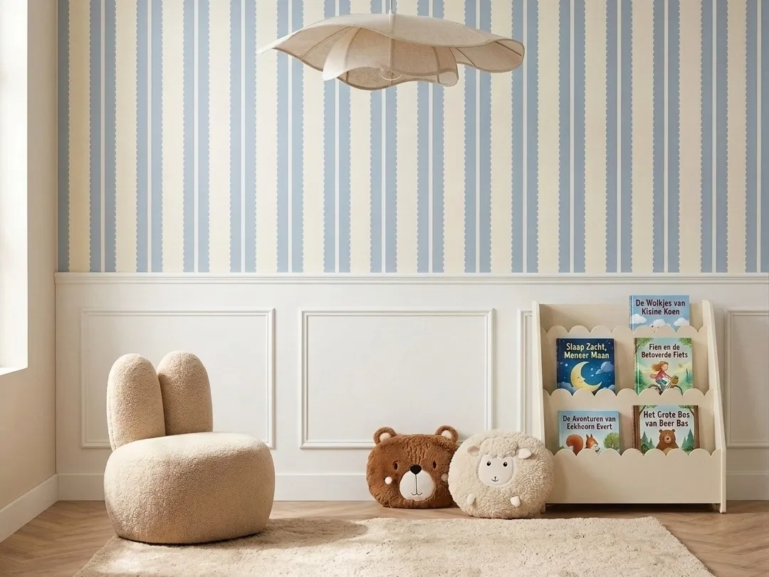 Babykamer behang met schattige strepen in lichtblauw en off-white