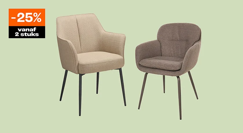 25% korting op diverse eetkamerstoelen vanaf 2 stuks