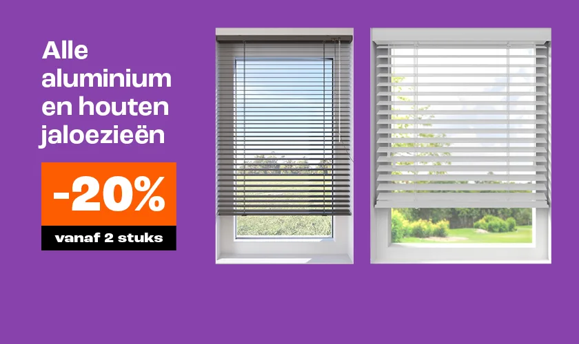 20% korting op alle houten en aluminium jaloezieen op maat gemaakt
