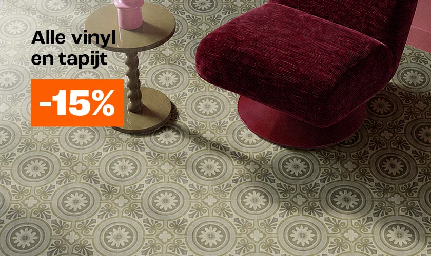 Banner met link naar actie 15% korting op alle vinyl en tapijt vloeren