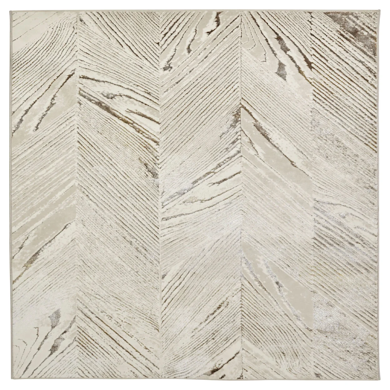 Een laagpolig beige vloerkleed met houtlook patroon