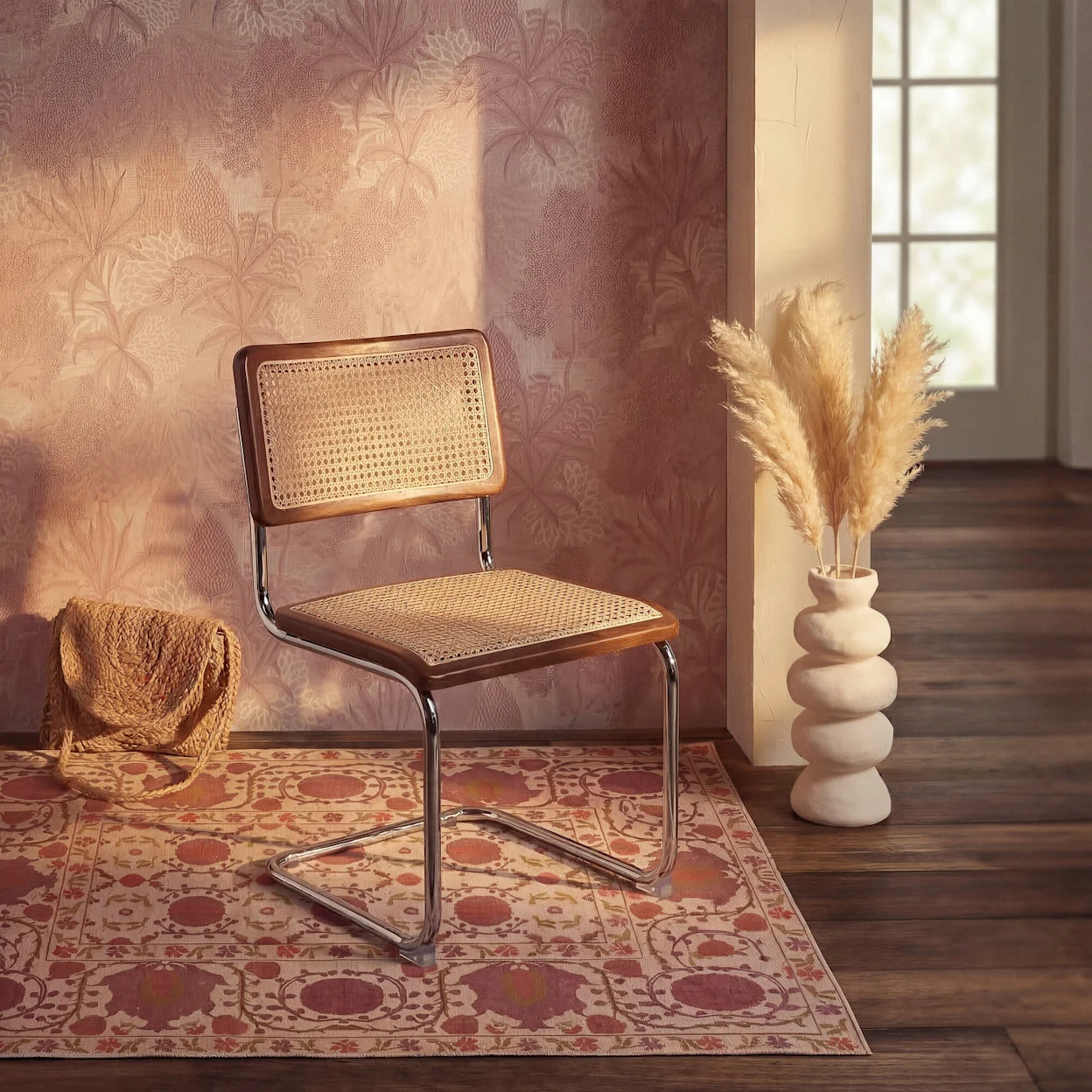 Bohemian stoel met rotan zitting en houten frame