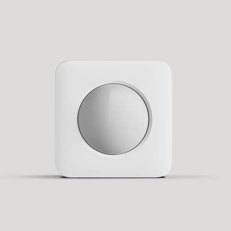 SimpliSafe Motion Sensor, a small white square device on a light background. Heading reads: 'Motion Sensor.' Body text reads: 'Add another layer of protection inside. Trigger an alarm when motion from people, not pets, is detected.' Badge reads: 'Place in the corner to cover an entire room.'