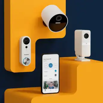 Image of home security system featuring an outdoor camera, indoor camera and video doorbell