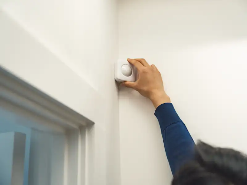 Person installing a wall-mounted motion sensor