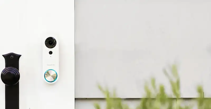 Image of a video doorbell pro mounted to a front door