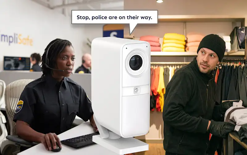 Live monitoring agent stopping intruder through AI-powered Smart Alarm Indoor Camera