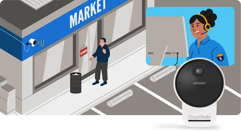 A SimpliSafe Outdoor Security Camera detects a person outside a closed market while a monitoring agent views the feed on a computer.