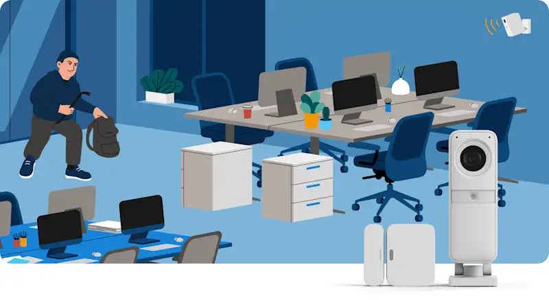 A burglar with a crowbar enters an office as a SimpliSafe security camera detects the break-in.