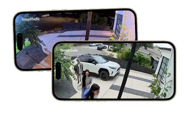 Smartphone screens showing home security camera footage, capturing people approaching a house and a parked car in the driveway.