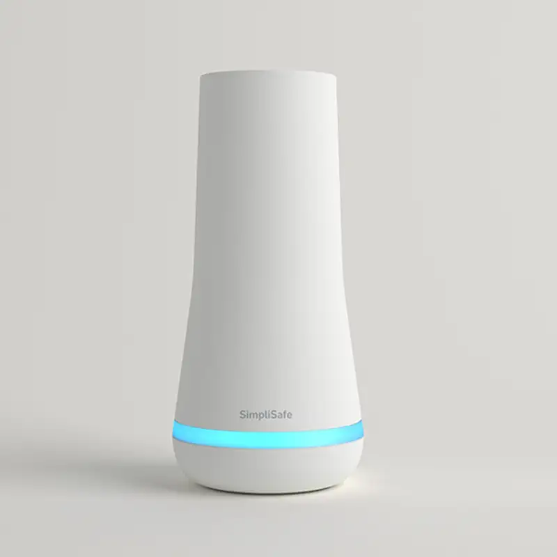 SimpliSafe Base Station with teal glowing ring on a wooden surface. Heading reads: 'Base Station.' Body text reads: 'If someone tries to break in, your Base Station alerts our monitoring center, and sounds a loud 100dB siren, even when the power is out, using a cellular connection and backup battery.' Footnote reads: 'Professional monitoring plan required.' Badge reads: 'Plugs in to a wall outlet.'