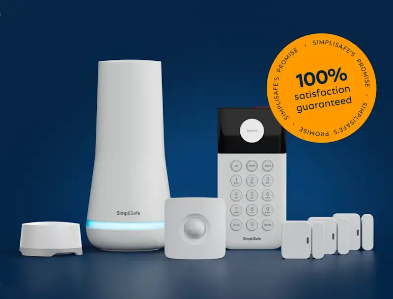 Image of a home security system with a 100% satisfaction guarantee badge