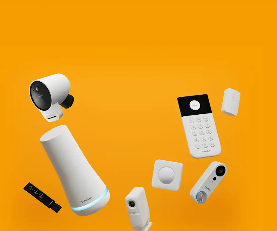 Image of home security sensors floating on a bright yellow background