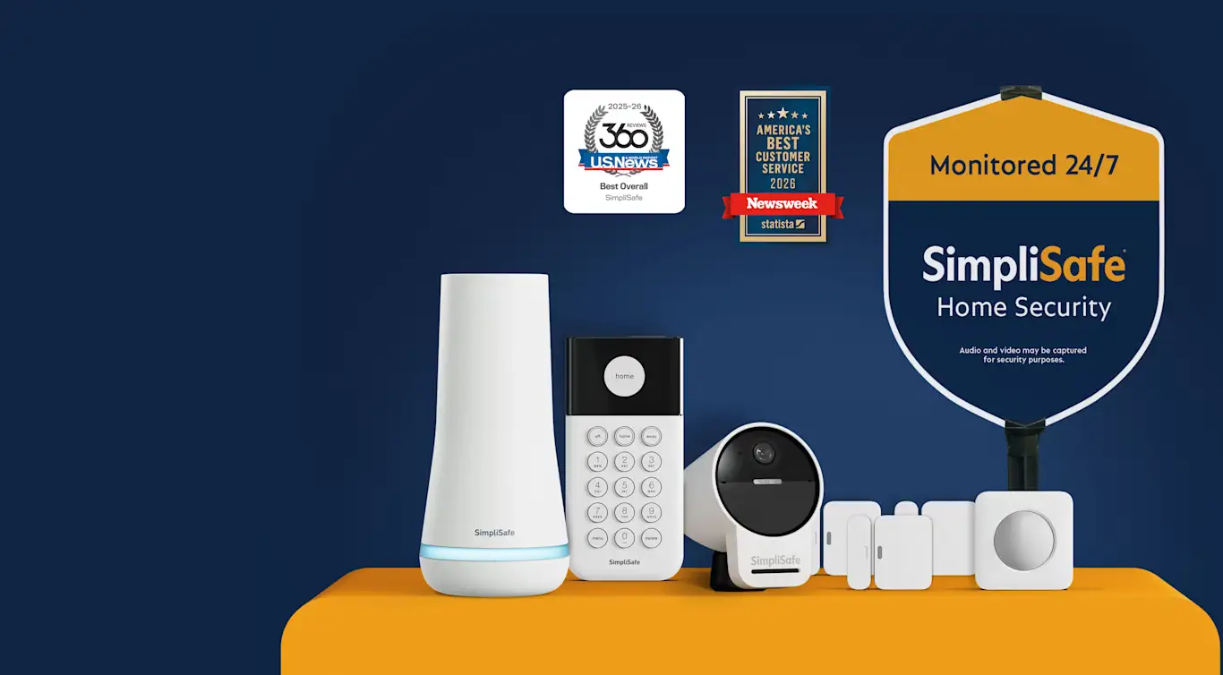 SimpliSafe Home Security product suite including a base station, keypad, outdoor camera, entry sensors, and yard sign. The image features two award logos: U.S. News 360 Reviews 2025-26 Best Overall SimpliSafe, and Newsweek Statista America’s Best Customer Service 2026