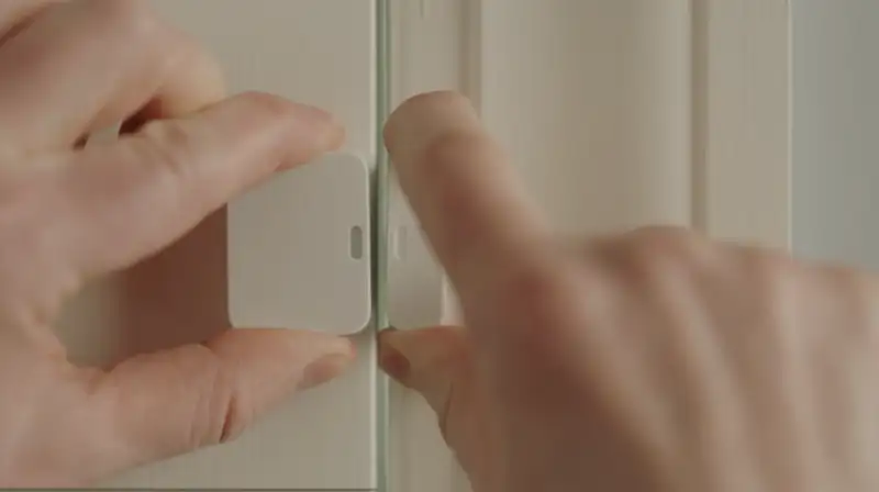 A pair of hands pressing a small white SimpliSafe sensor onto a door frame, demonstrating peel-and-stick installation.