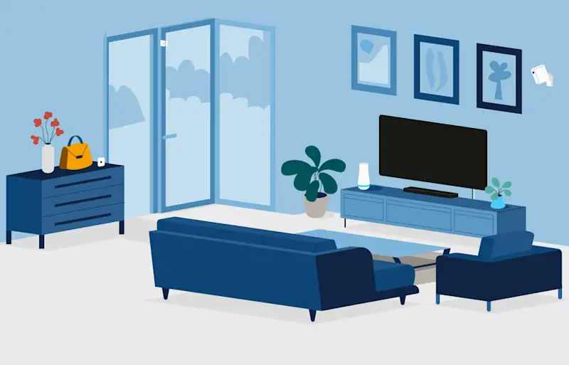 Image of home security sensors including a keypad, entry sensor, glassbreak sensor, smoke detector and outdoor camera