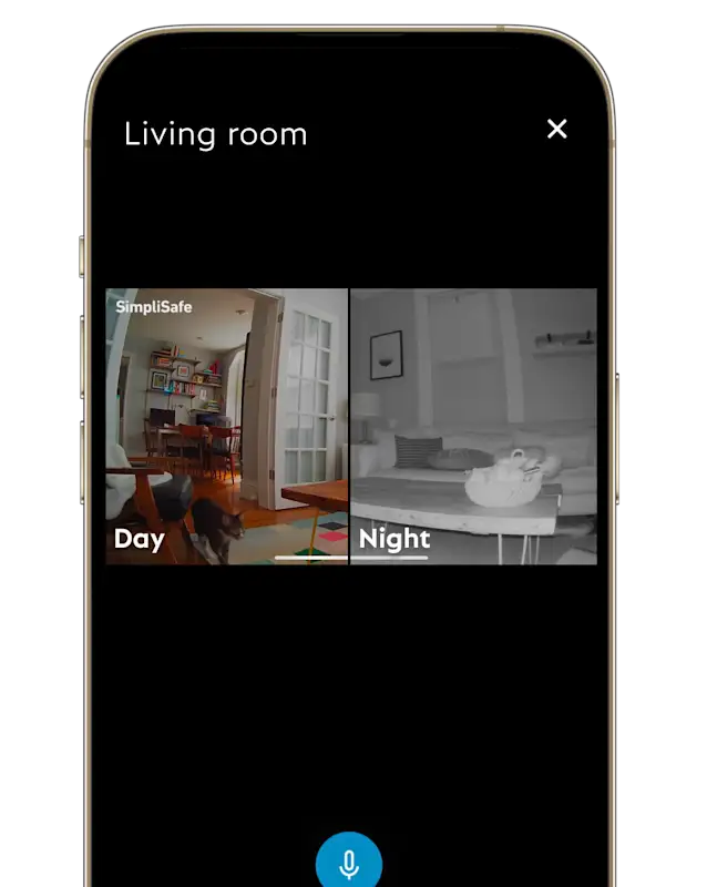 Image of the SimpliSafe app showing both day and night views from an indoor camera
