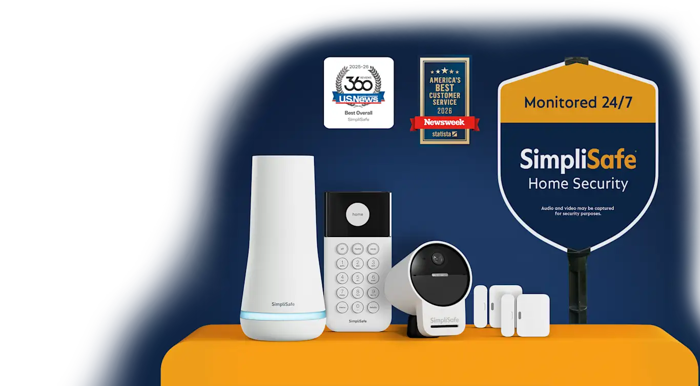 SimpliSafe Home Security product suite including a base station, keypad, outdoor camera, entry sensors, and yard sign. The image features two award logos: U.S. News 360 Reviews 2025-26 Best Overall SimpliSafe, and Newsweek Statista America’s Best Customer Service 2026