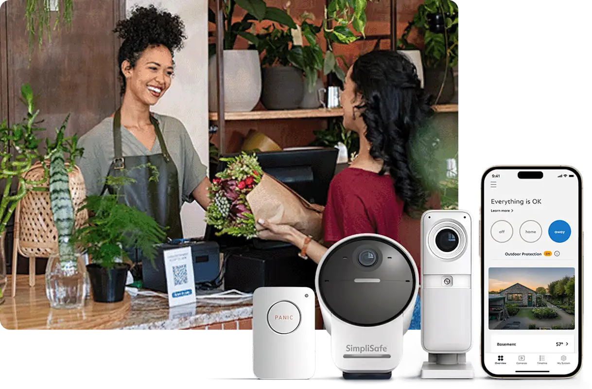 Retail checkout scene with a shop employee and customer, overlaid with SimpliSafe security devices and a mobile app showing home security status.