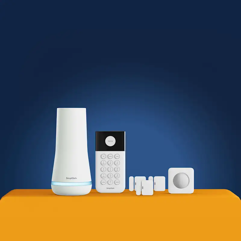 Break-In Detection Package showing the package contents of a Base Station, Keypad, three Entry sensors, and a Motion sensor