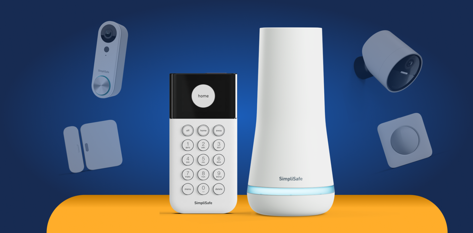 A SimpliSafe Base Station and Keypad with some other pieces in the background on a stand