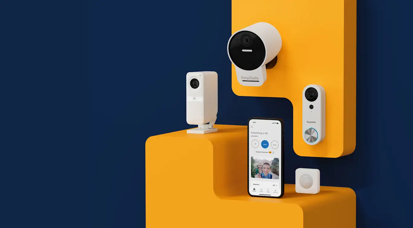 Image of home security sensors including an outdoor camera, indoor camera, motion sensor and video doorbell