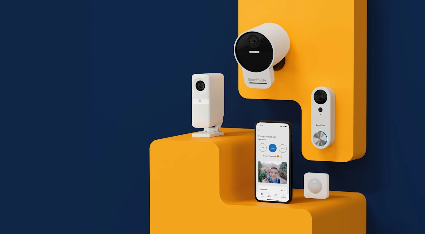 Image of home security sensors including an outdoor camera, indoor camera, motion sensor and video doorbell