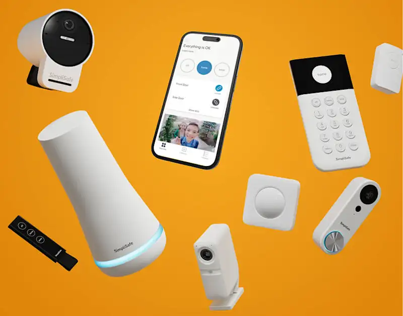 Image cut into four sections, featuring a motion sensor, keypad, indoor security camera and key fobs