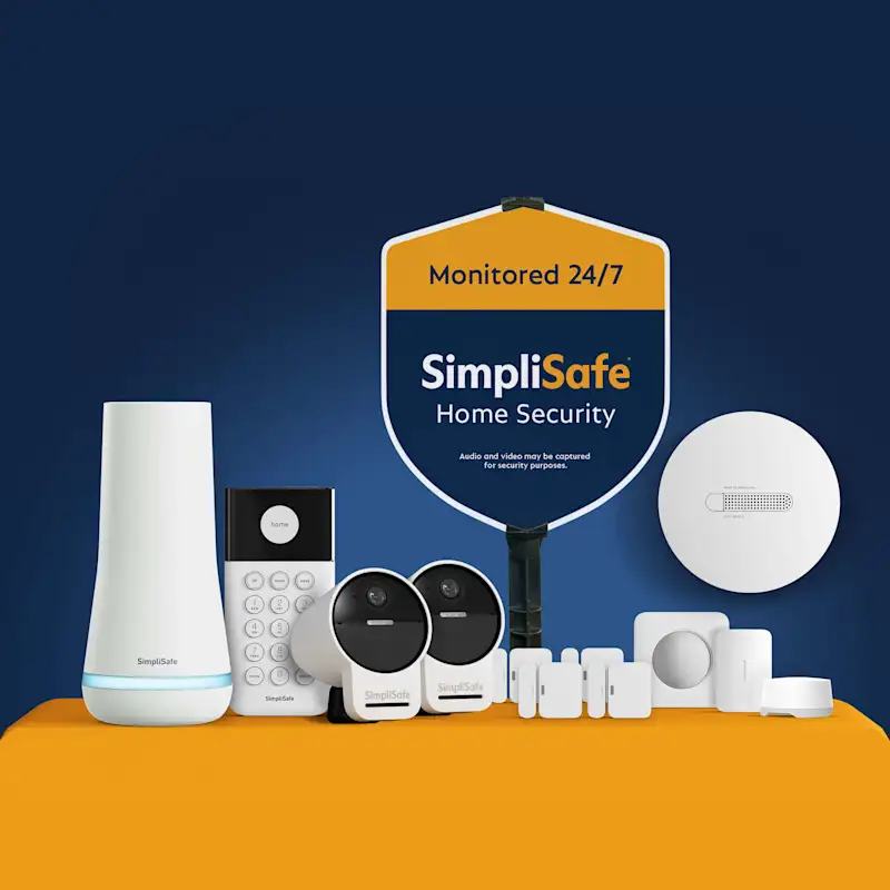 Complete Protection Package showing the package contents of a Base Station, Keypad, two Outdoor Cameras, four Entry sensors, Motion sensor, Temperature sensor, Water sensor, Smoke & CO detector, and Yard Sign