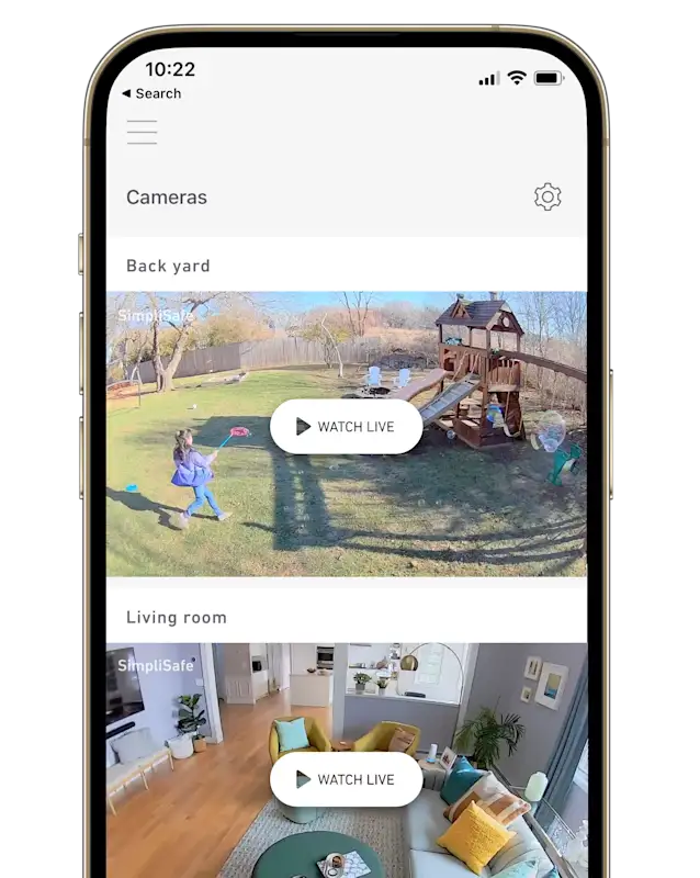 Image of a phone with the SimpliSafe app pulled up, looking at the view from security cameras