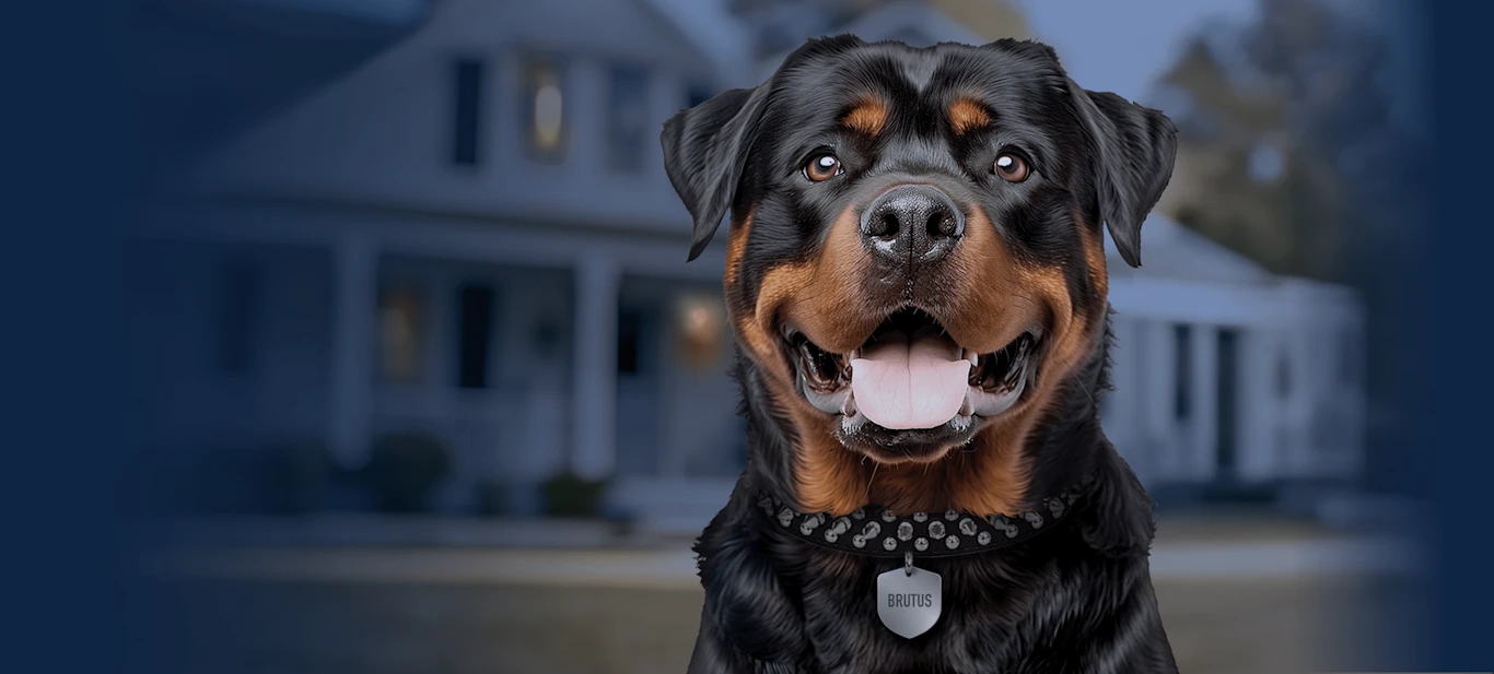 A dog standing in front of a house