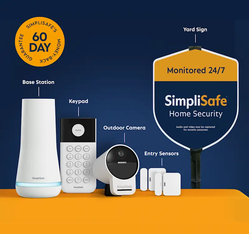 SimpliSafe home security kit displayed on an orange and dark blue background with labeled components: Base Station, Keypad, Outdoor Camera, Entry Sensors, and Yard Sign. Yard Sign reads: 'Monitored 24/7 SimpliSafe Home Security. Audio and video may be captured for security purposes.' Gold badge reads: 'SimpliSafe 60-Day Money-Back Guarantee.'