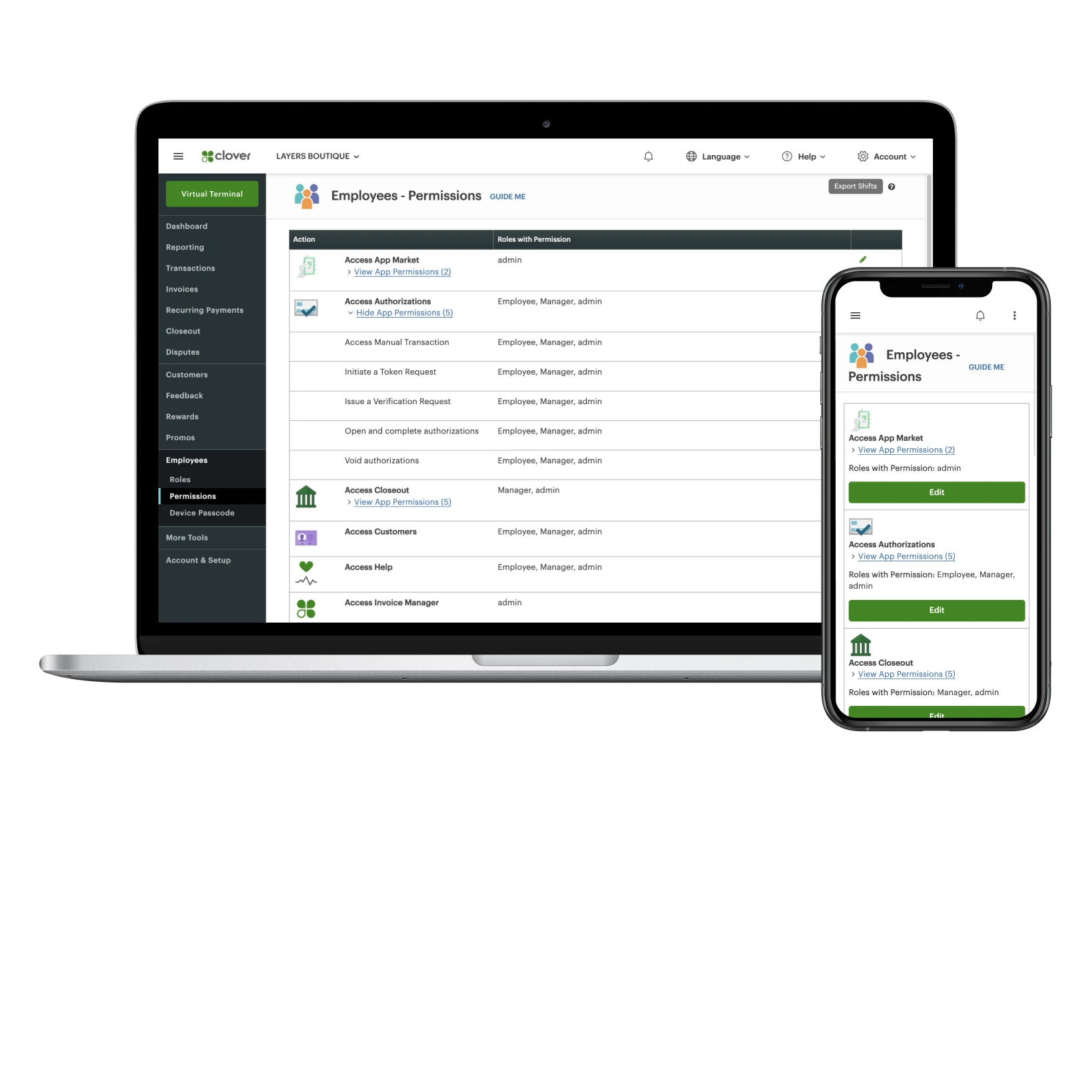 Laptop and mobile screens displaying 'Employee management - permissions' screen.