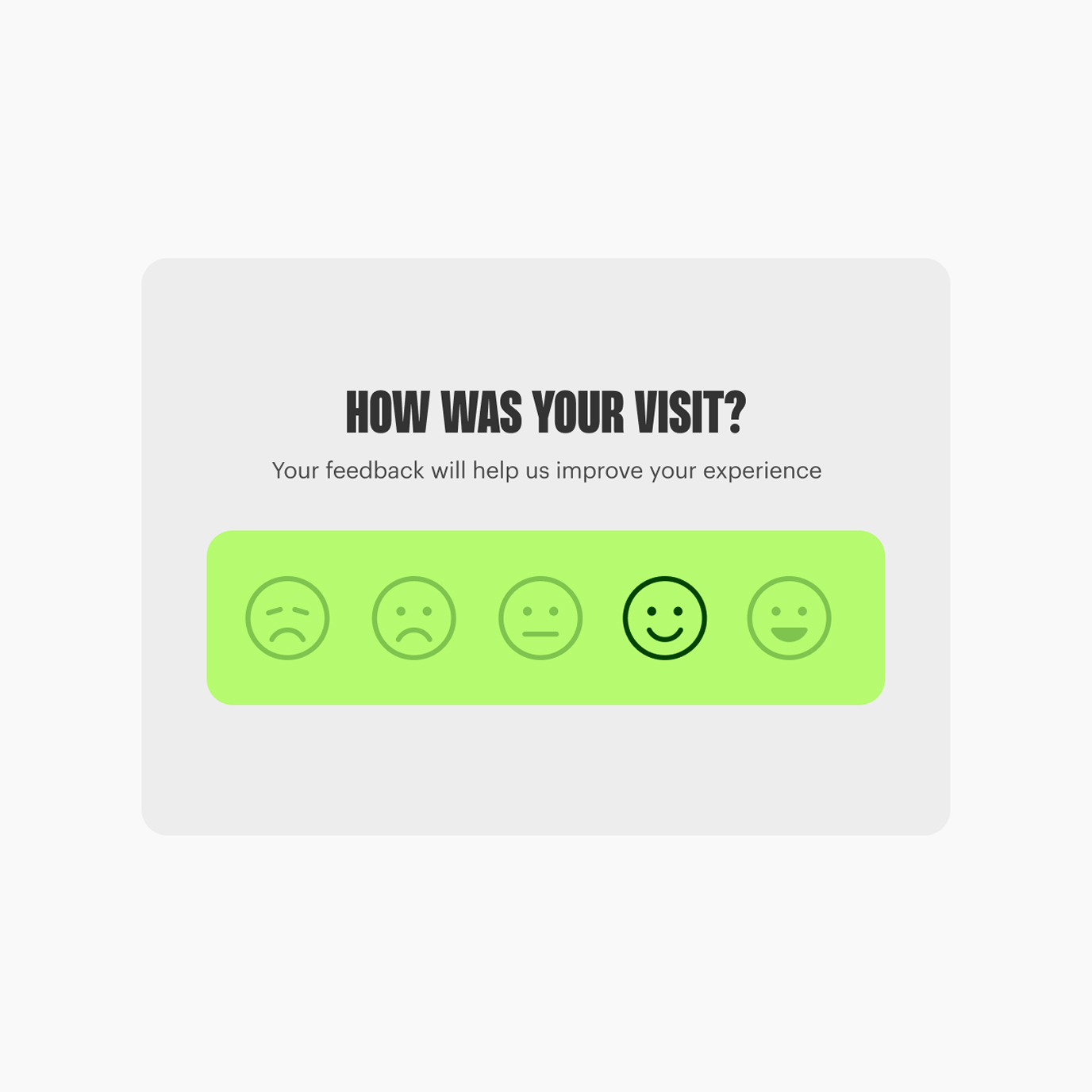 Smiling face selected on feedback form asking “How was your visit?”; five satisfaction icons shown on light green background.