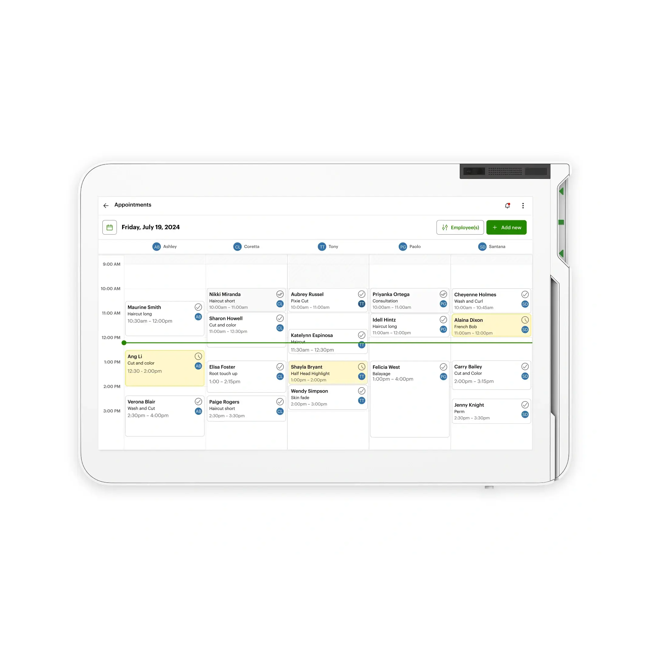 Clover station solo displaying a calendar appointment booking screen with client names and the services they booked.