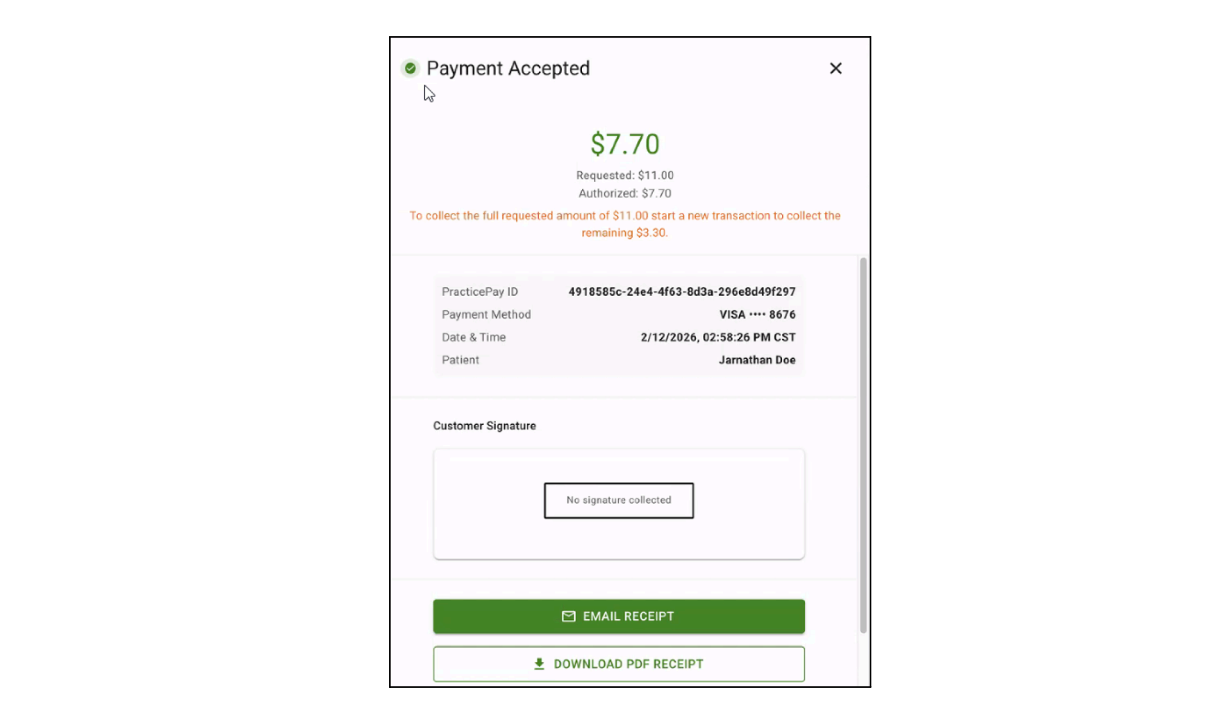 Payment accepted page where user needs to collect the full requested of some amount, start a new transaction to collect the remaining amount.