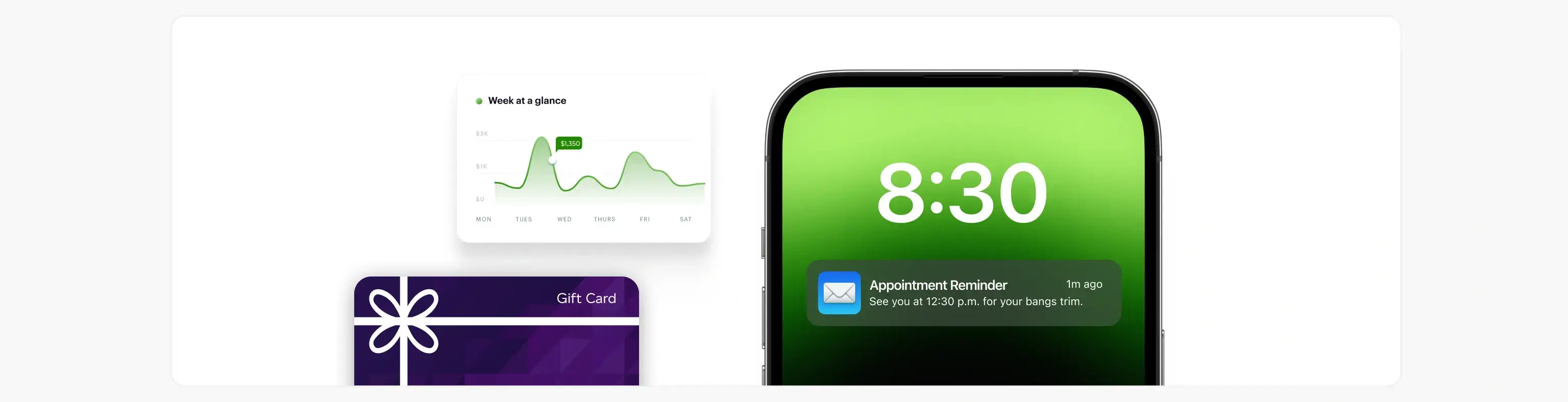 Collage with illustrations of a gift card, a graph showing weekly sales, and an iPhone with an appointment reminder showing. 